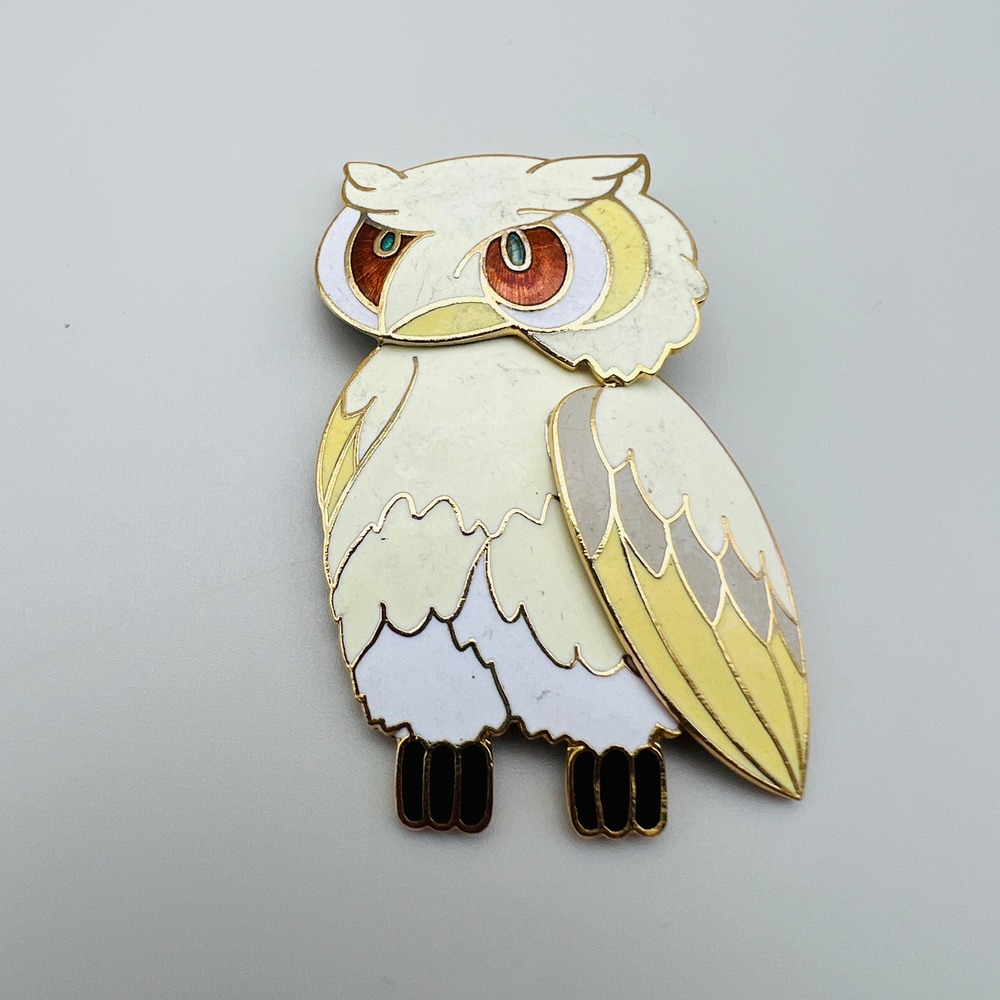Vintage Owl Enamel Brooch Pin White Gold Tone Bird Taiwan Collectible Gift